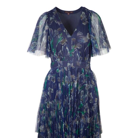 Marchesa Voyage Iris Blue Sheer Pleated Floral Print V-Neck Midi Dress 2 - Picture 2 of 16